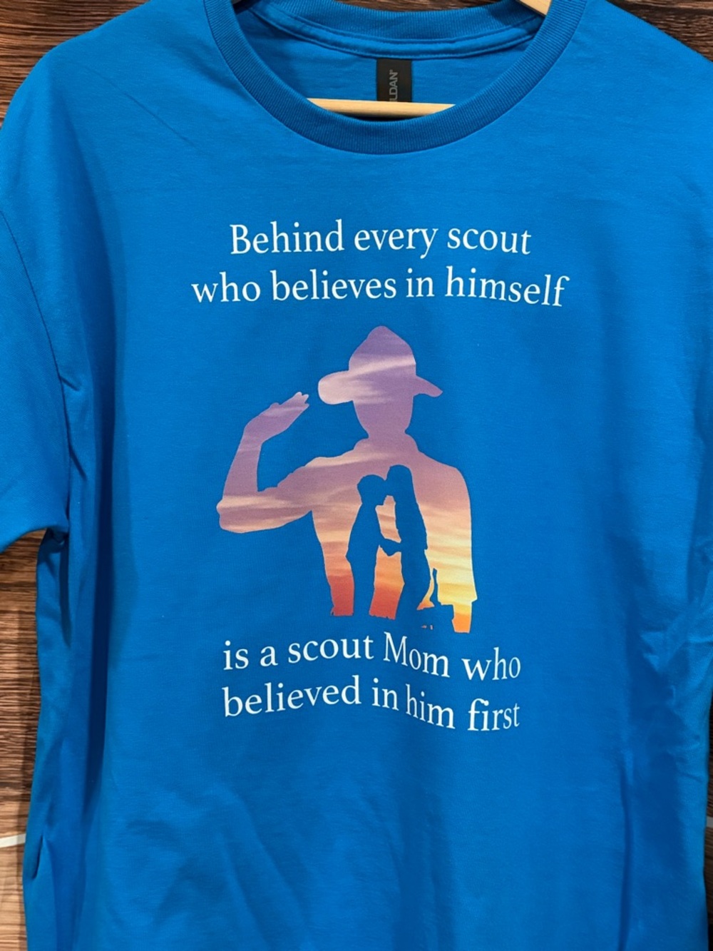 Gildan Bright Blue Scout Mom Graphic Tee with Sunset Silhouette